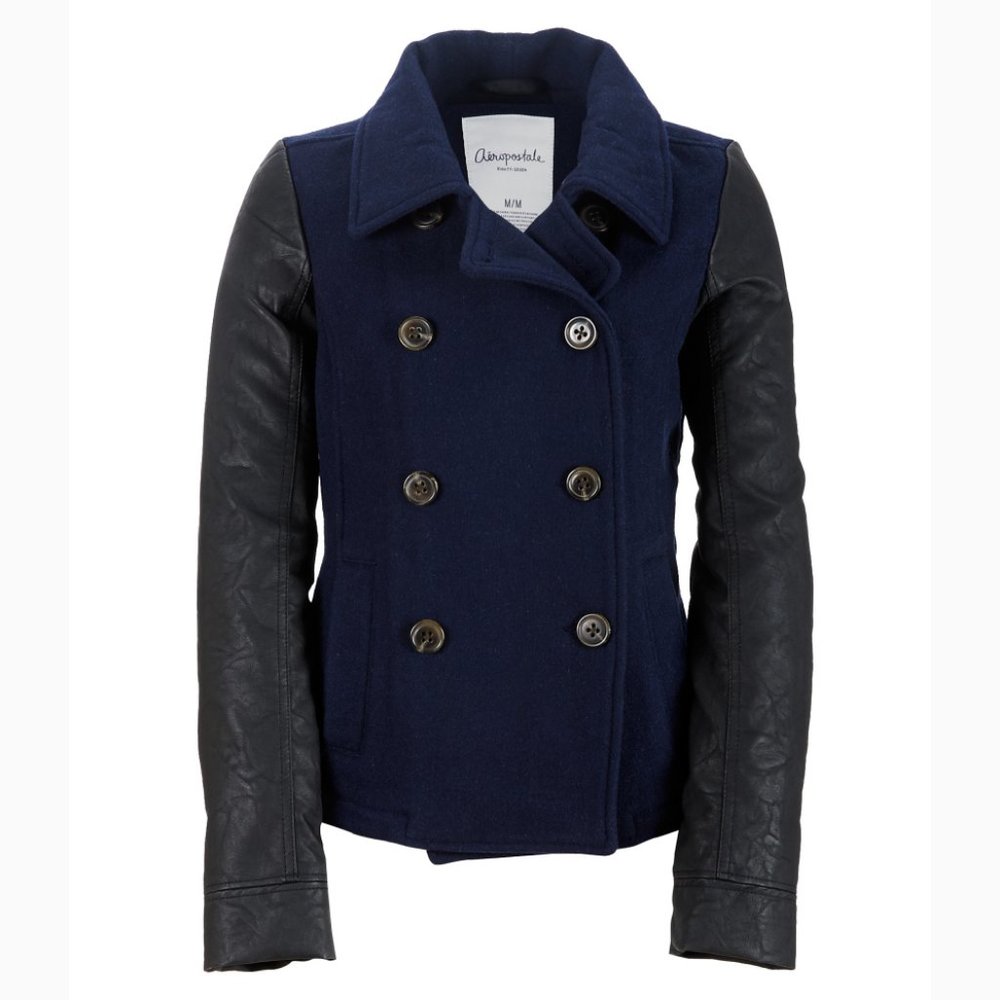 Aeropostale Womens Wool Blend Classic Peacoat Jacket Coat Navy Black